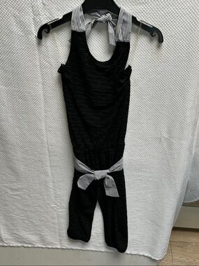 Deux par Deux Black One-Piece Romper/ Bodysuit with Striped Ties & Belt. NWT!
